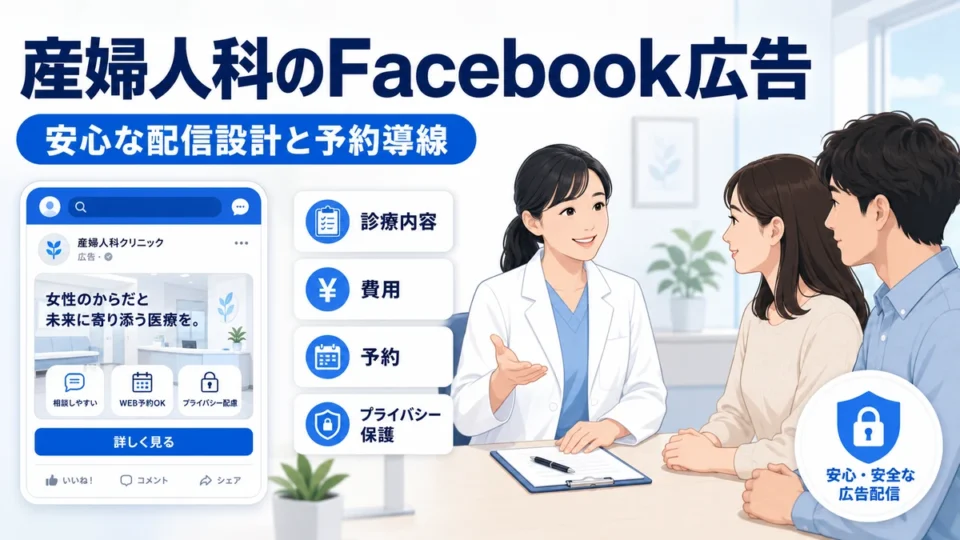 産婦人科・不妊治療クリニックのFacebook広告で安心な配信設計と予約導線を示すアイキャッチ画像