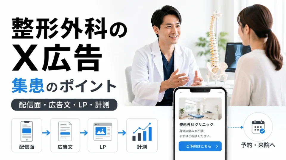 整形外科クリニックのX広告で配信面、広告文、LP、計測を設計する流れを示すアイキャッチ画像