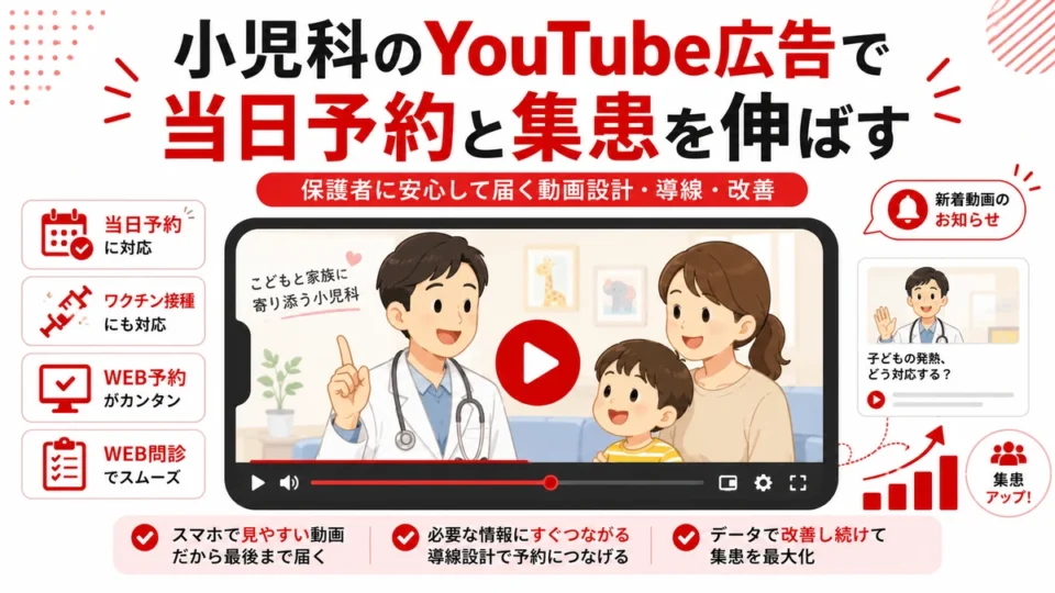 小児科クリニックのYouTube広告で当日予約と集患を伸ばす流れを示すアイキャッチ画像