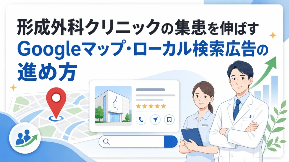 形成外科クリニックの集患をGoogleマップとローカル検索広告で伸ばす流れを示すアイキャッチ画像