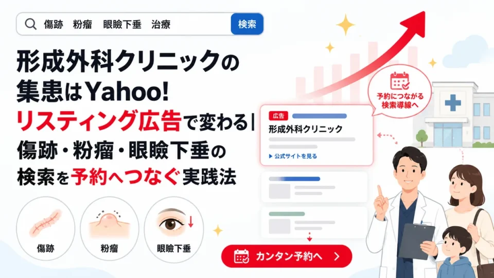 形成外科クリニックのYahoo!リスティング広告で傷跡・粉瘤・眼瞼下垂の検索を予約につなぐ全体像を示すアイキャッチ画像