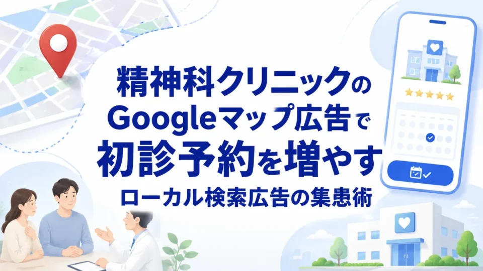 精神科クリニックのGoogleマップ広告で初診予約を増やす方法を示すアイキャッチ画像