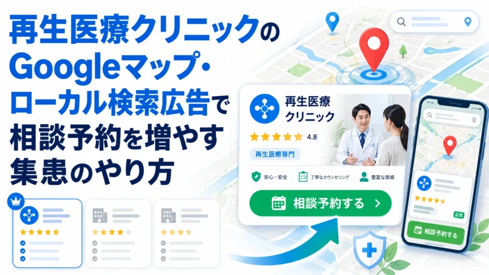 再生医療クリニックのGoogleマップ広告とローカル検索広告で相談予約を増やす流れを示すアイキャッチ画像