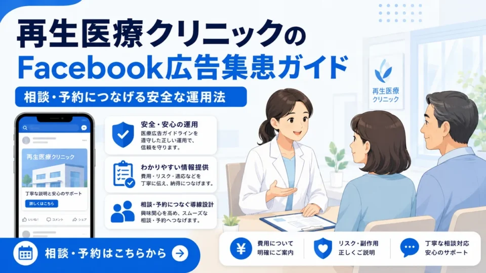 再生医療クリニックのFacebook広告運用で相談予約につなげる方法を示すアイキャッチ画像