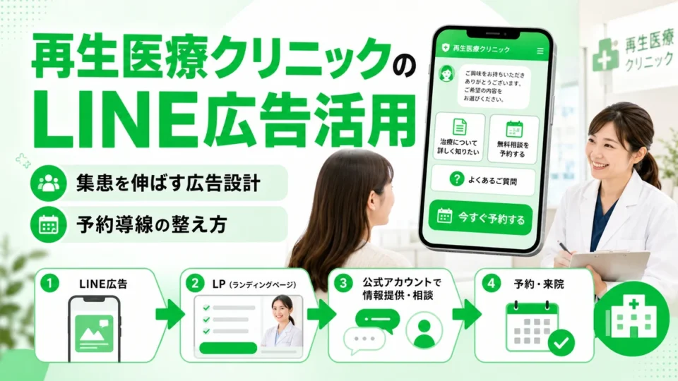 再生医療クリニックのLINE広告活用と予約導線の全体像を示すアイキャッチ画像