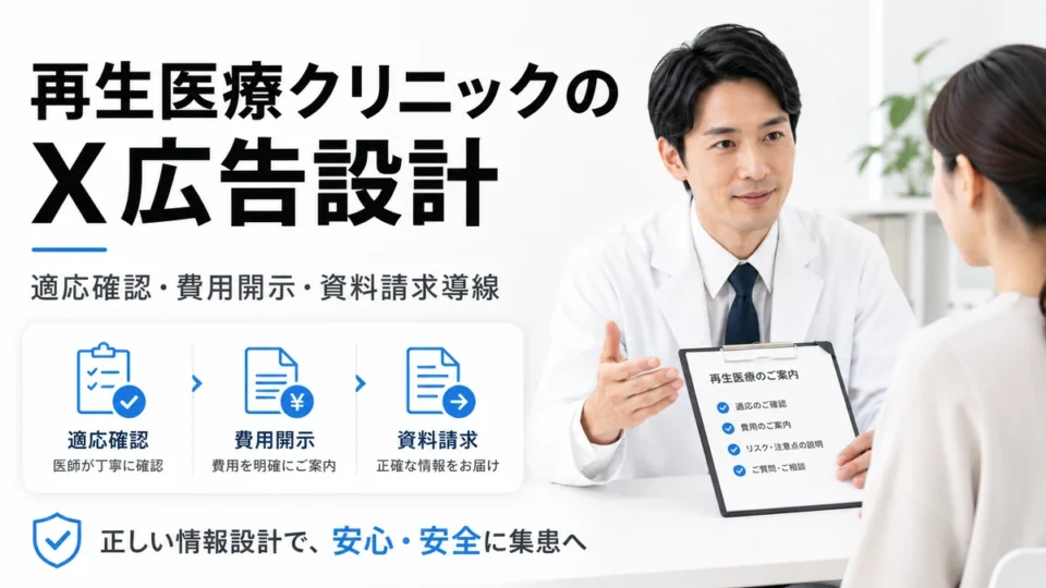 再生医療クリニックのX広告設計で適応確認、費用開示、資料請求導線を示すアイキャッチ画像