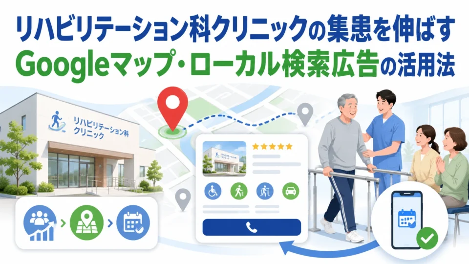 リハビリテーション科クリニックの集患をGoogleマップとローカル検索広告で伸ばす方法を示すアイキャッチ画像