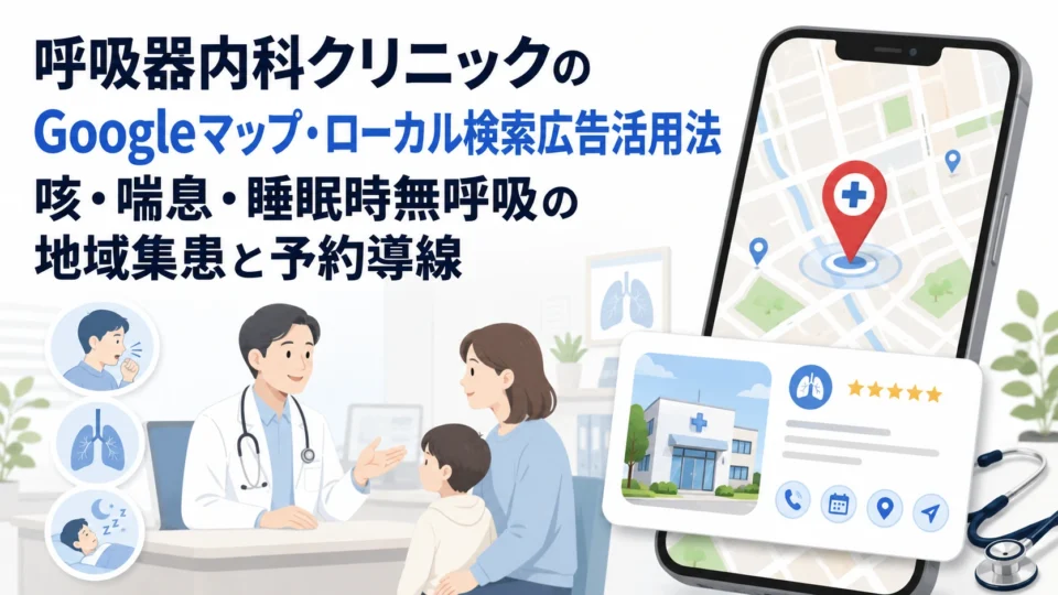 呼吸器内科クリニックのGoogleマップ広告活用と咳・喘息・睡眠時無呼吸の予約導線を示すアイキャッチ画像