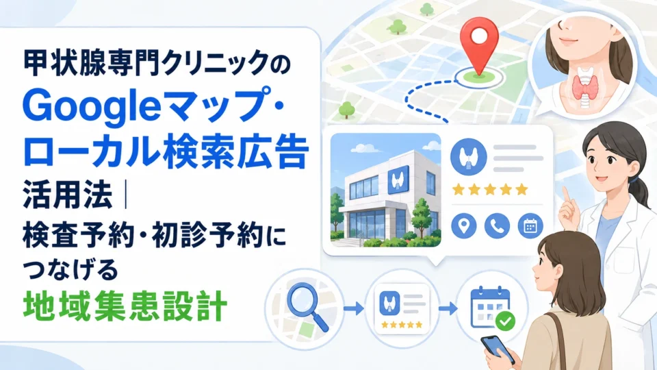 甲状腺専門クリニックのGoogleマップとローカル検索広告活用を通じて、検査予約や初診予約につなげる地域集患設計を示すアイキャッチ画像