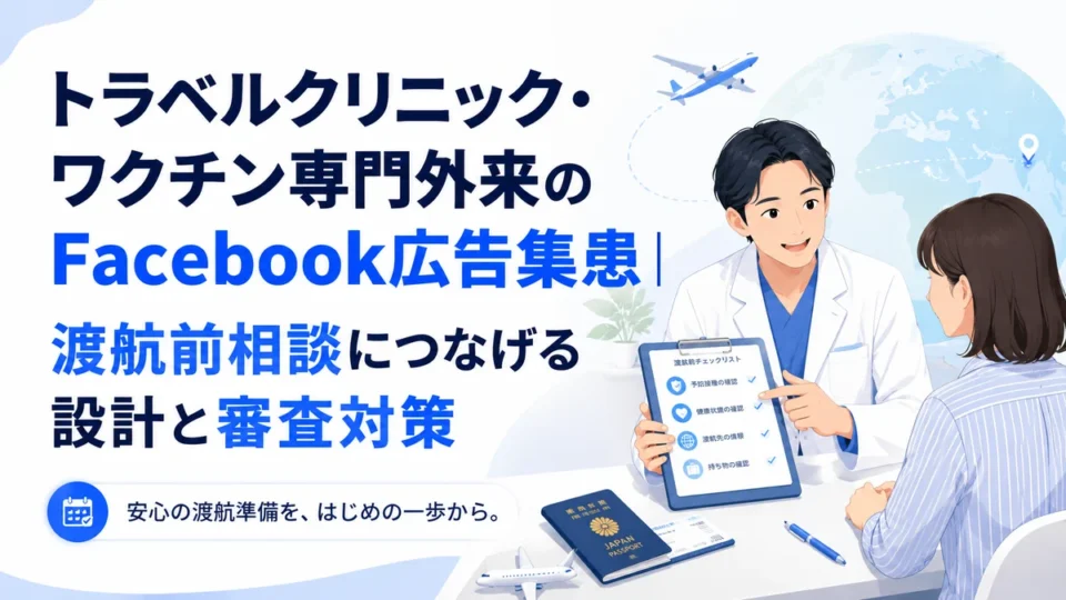 トラベルクリニック・ワクチン専門外来のFacebook広告集患と渡航前相談の全体像を示すアイキャッチ画像