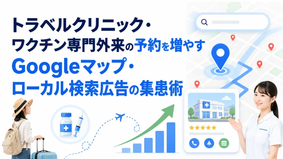 トラベルクリニック・ワクチン専門外来の予約をGoogleマップとローカル検索広告で増やす集患術を示すアイキャッチ画像