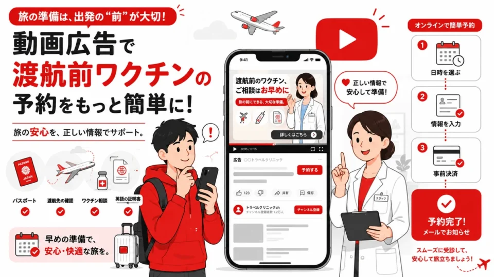 トラベルクリニックのYouTube広告で渡航前ワクチン相談と予約導線を案内するアイキャッチ画像
