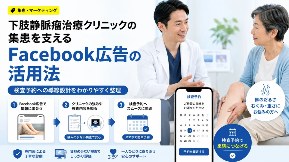 下肢静脈瘤治療クリニックのFacebook広告活用法と検査予約への導線を示すアイキャッチ画像