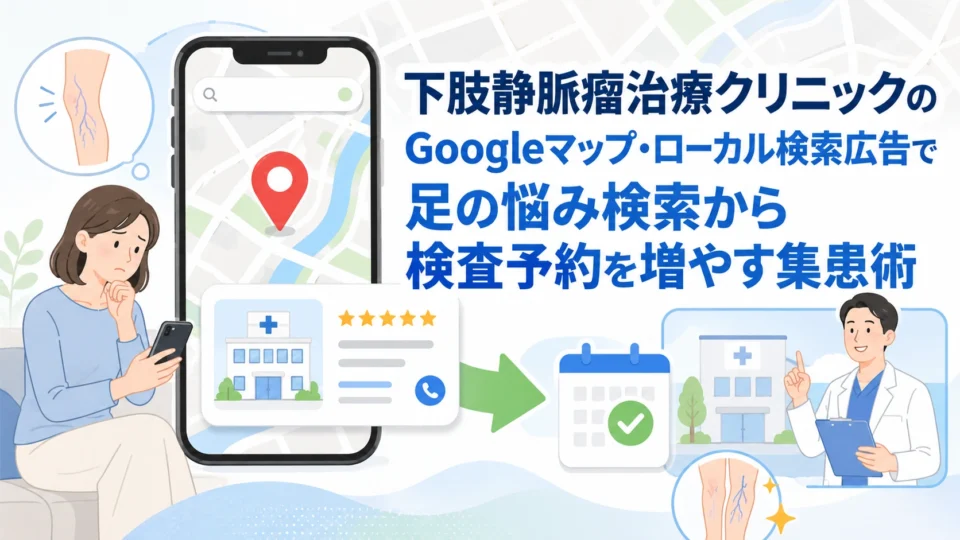 下肢静脈瘤治療クリニックがGoogleマップとローカル検索広告で足の悩み検索から検査予約へつなげる集患術のアイキャッチ画像