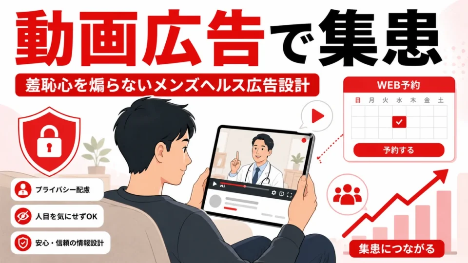 メンズヘルスクリニックのYouTube広告で羞恥心を煽らず予約につなげる全体像を示すアイキャッチ画像