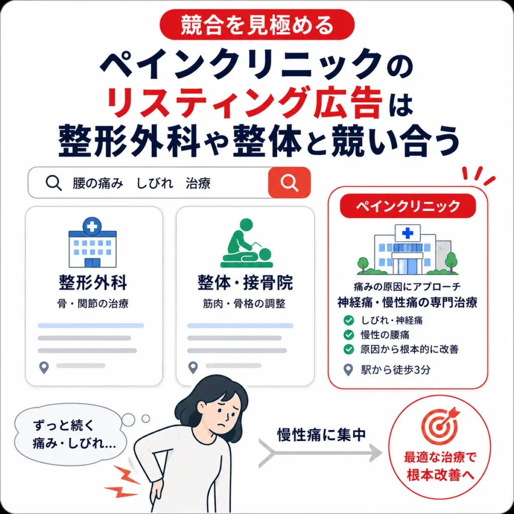 ペインクリニックのYahoo!リスティング広告が整形外科や整体と競合することを示すイラスト