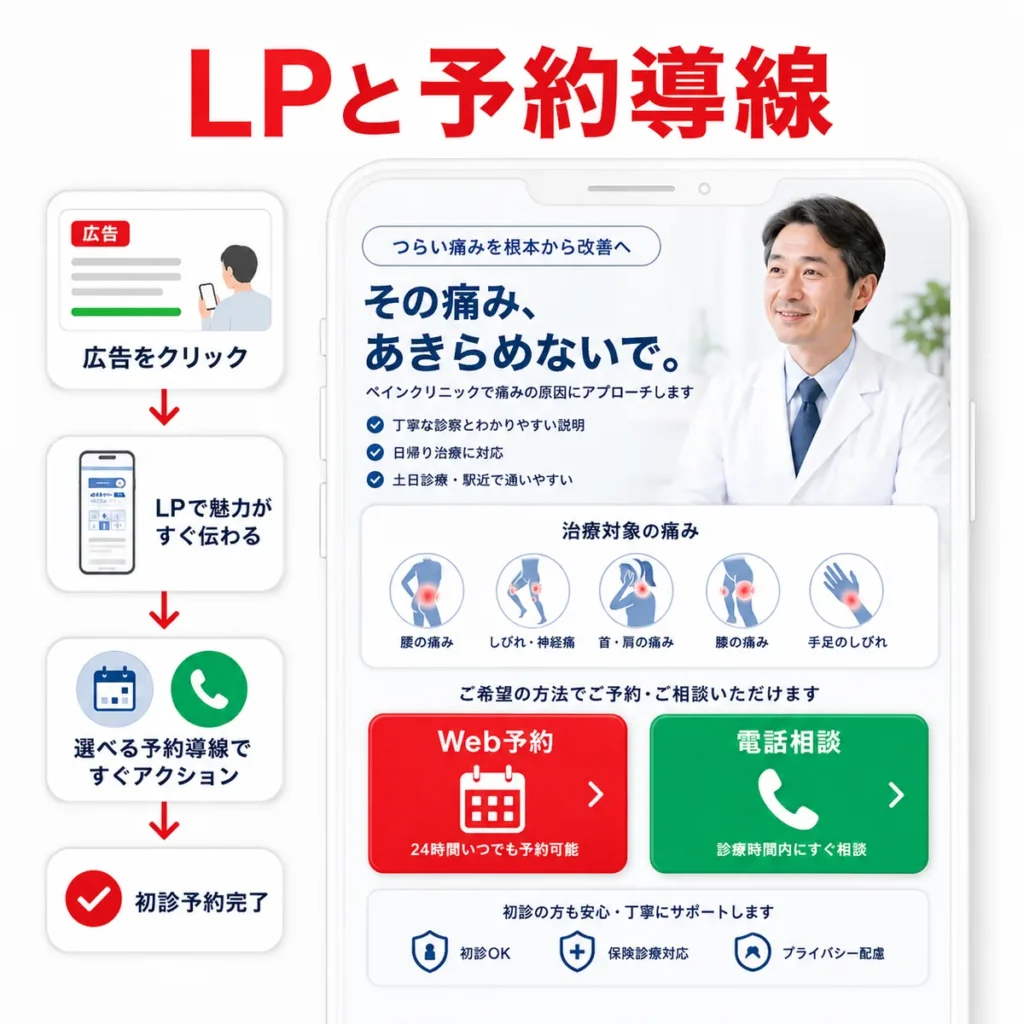 クリックを初診予約につなげるLPと電話導線の整え方を示すイラスト