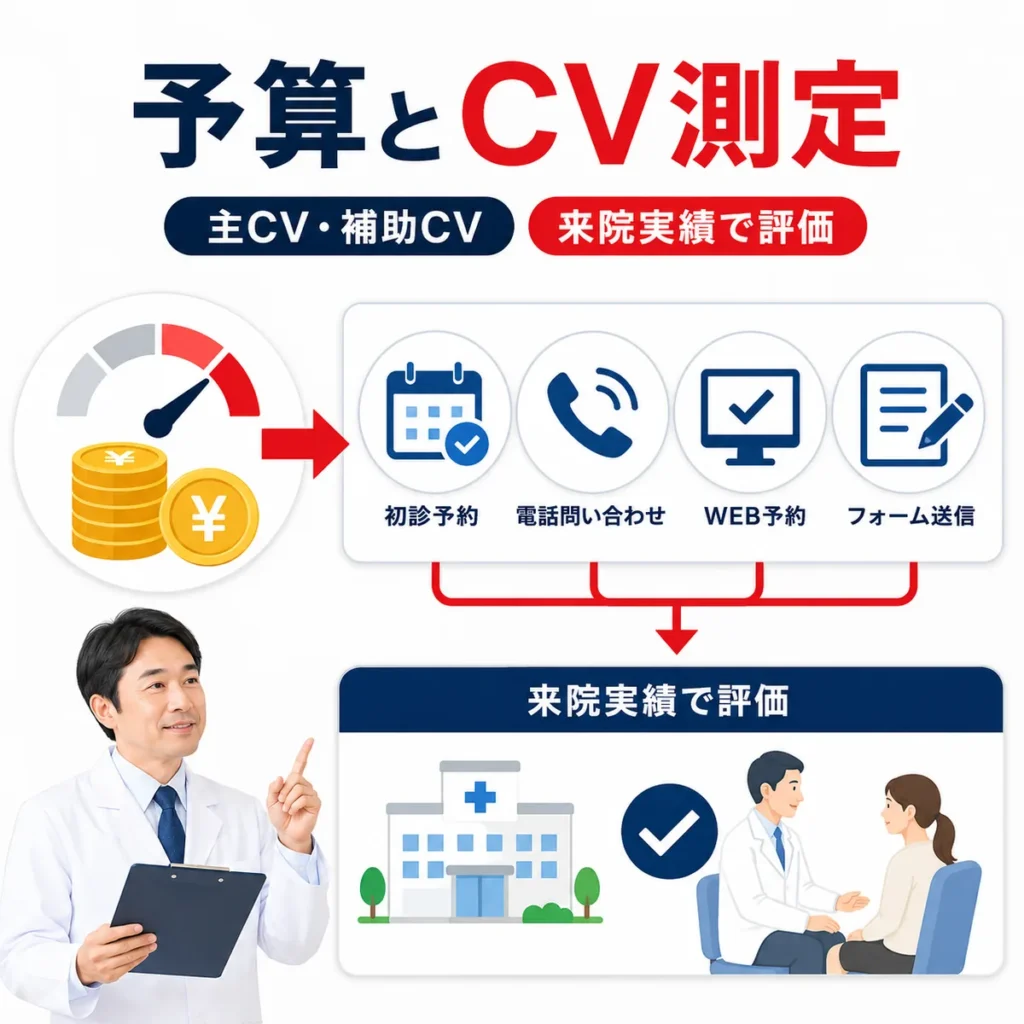 ペインクリニックの予算配分とCV測定で広告費の無駄をなくす流れを示すイラスト