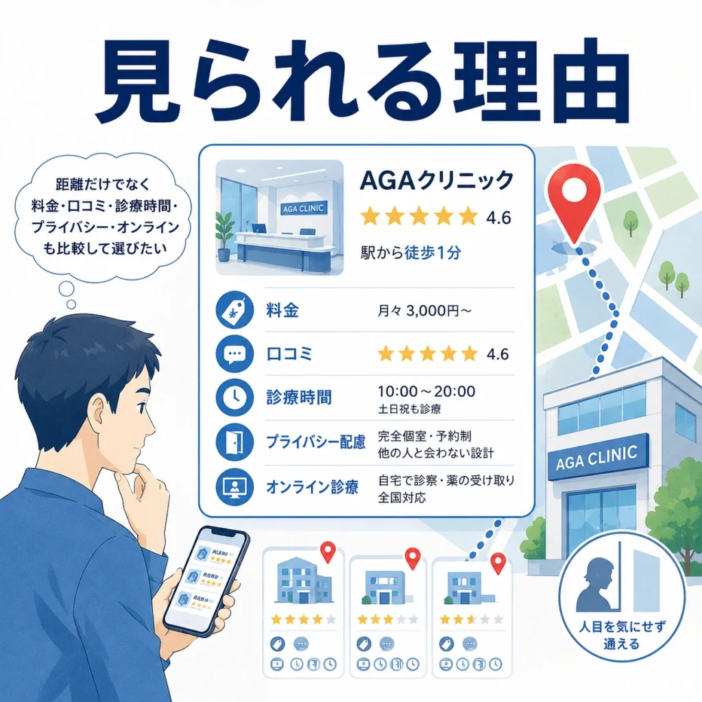 駅前のAGAクリニックが料金・口コミ・診療時間・プライバシー配慮で比較される様子を示すイラスト
