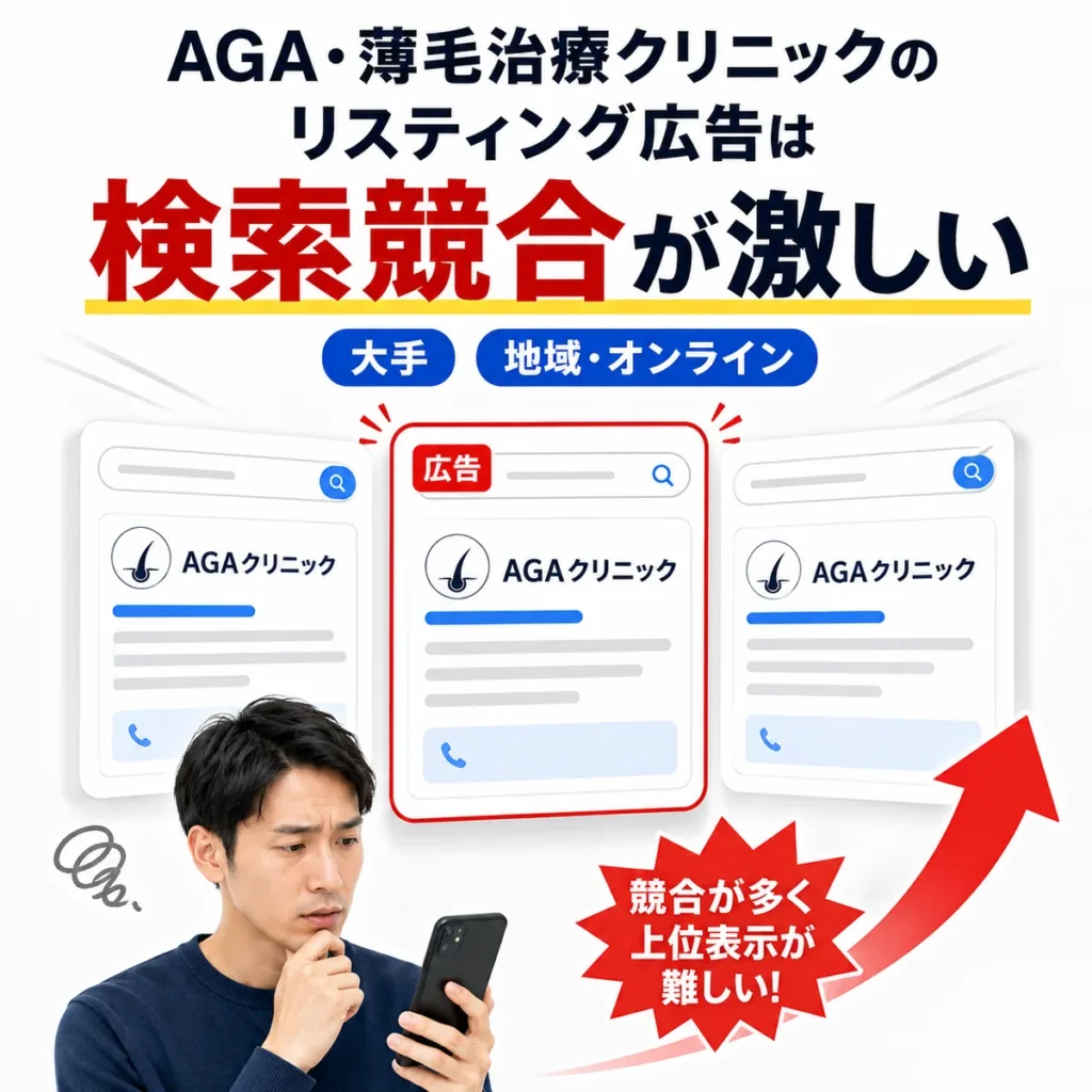 AGA・薄毛治療クリニックのYahoo!リスティング広告で検索競合が激しい状況を示すイラスト