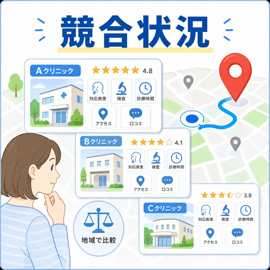 地域のアレルギー科クリニックがGoogleマップ上で比較される競合状況を示すイラスト