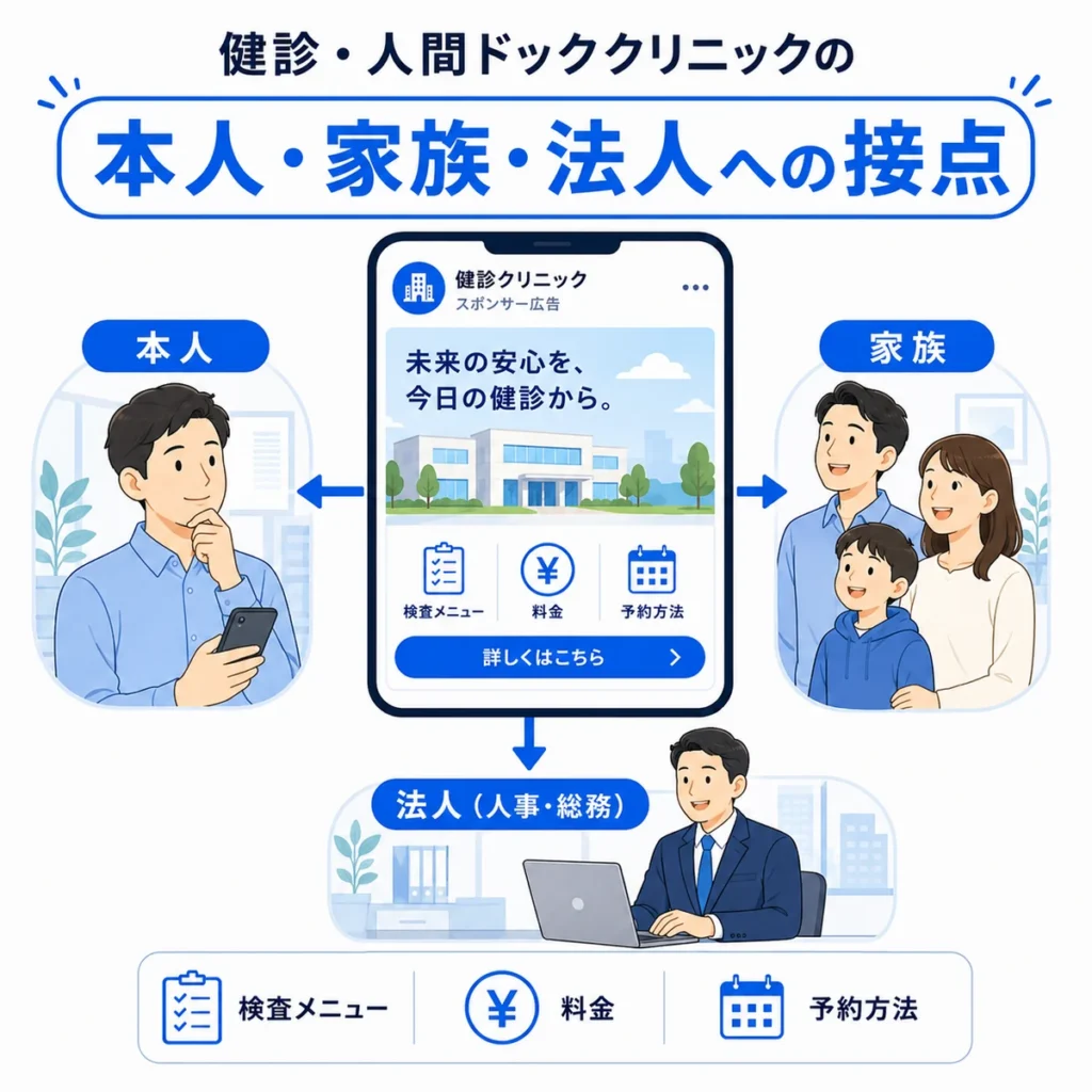 Facebook広告を通じて本人・家族・法人担当者に健診情報が届く接点を示すイラスト