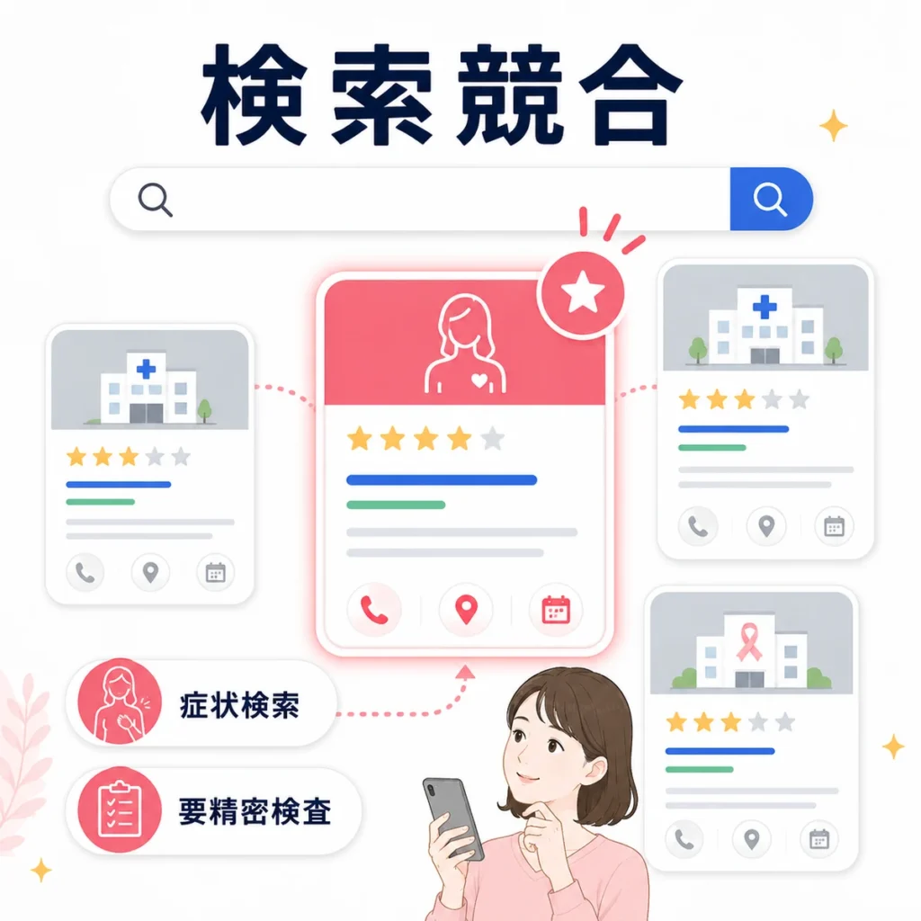 乳腺外科クリニックがYahoo!検索広告で競合する医療機関や検索意図を整理したイラスト