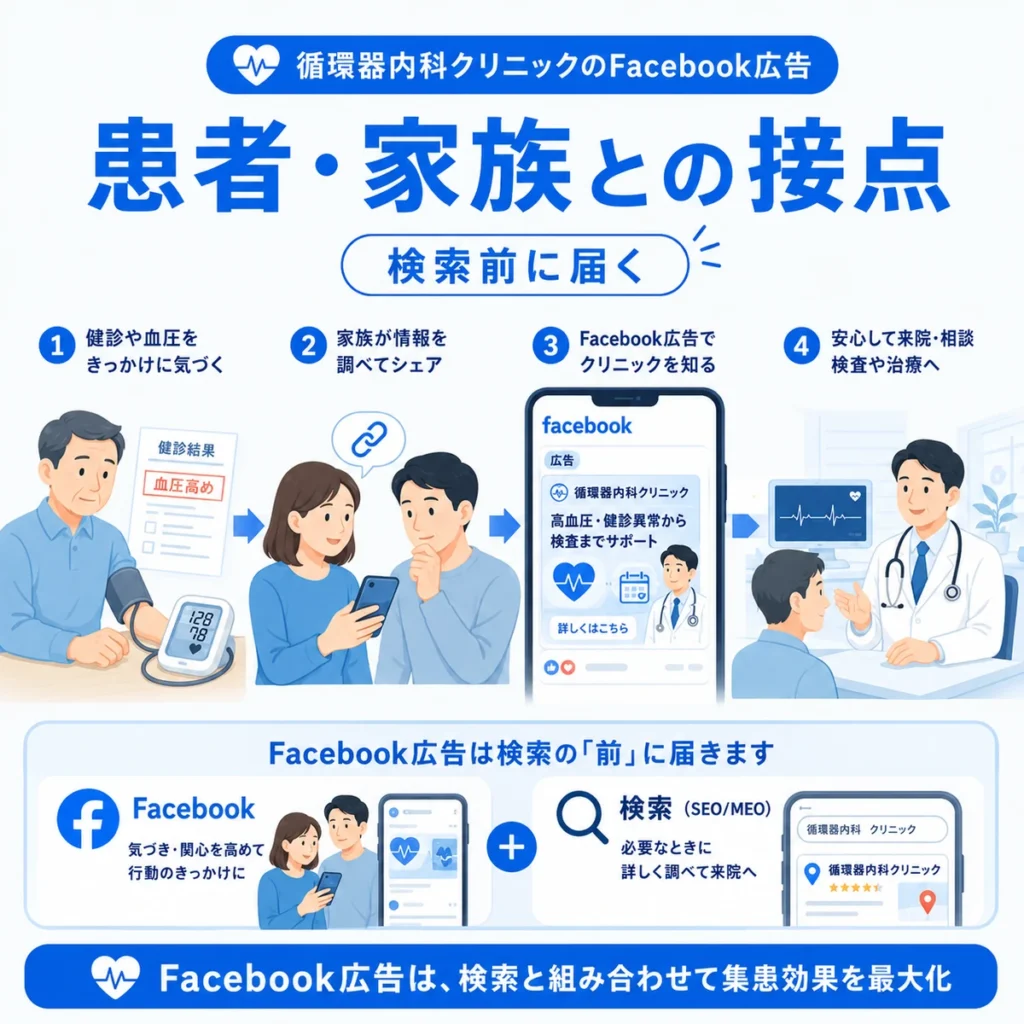 循環器内科のFacebook広告が患者本人や家族に検索前の接点を作る流れを示すイラスト