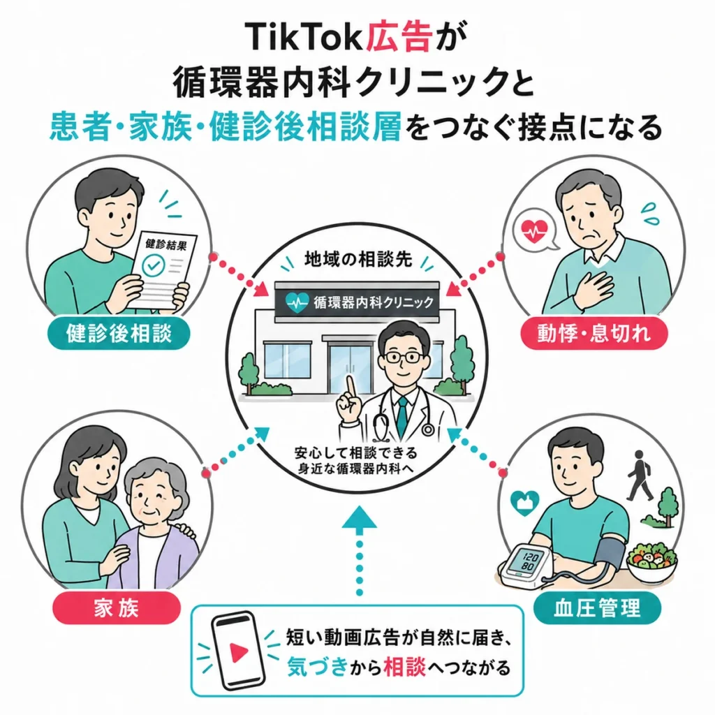 TikTok広告が循環器内科クリニックと患者や家族、健診後相談層をつなぐ接点を示すイラスト