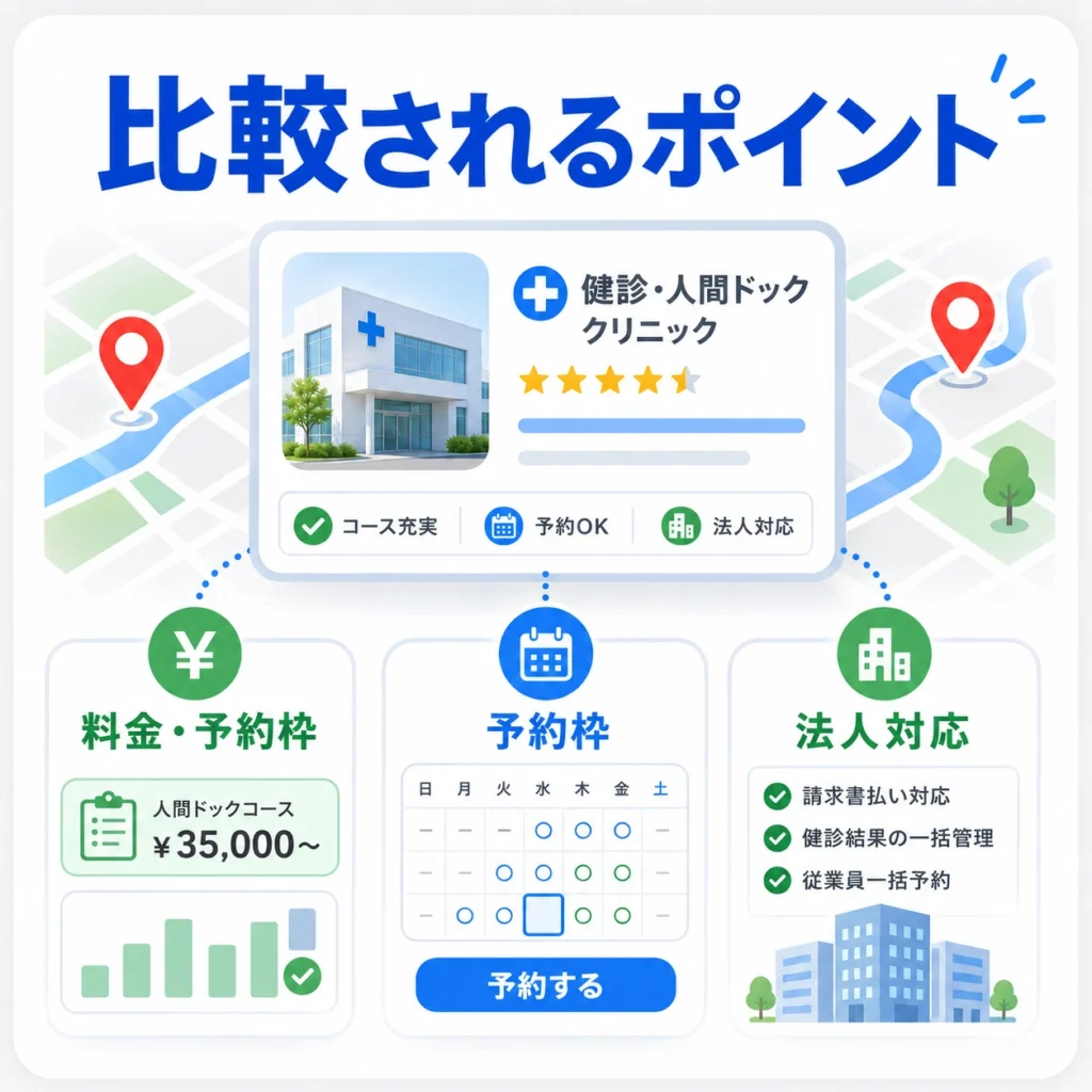 健診・人間ドッククリニックがマップ上で料金や予約枠、法人対応まで比較されることを示すイラスト