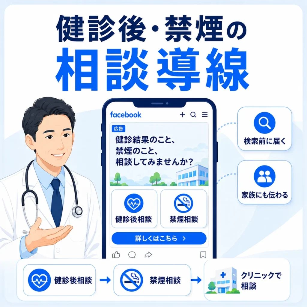 健診後相談と禁煙相談につながるFacebook広告の相談導線を示すイラスト