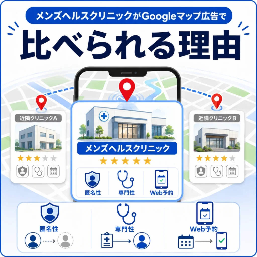 メンズヘルスクリニックが地域競合と比較される理由を、匿名性・専門性・Web予約の視点で示すイラスト