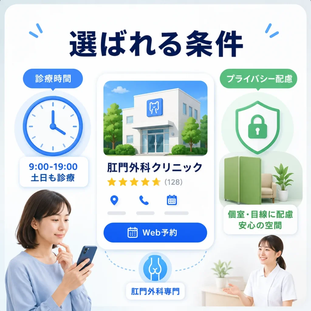 肛門外科クリニックが診療時間やプライバシー配慮で選ばれる条件を示すイラスト