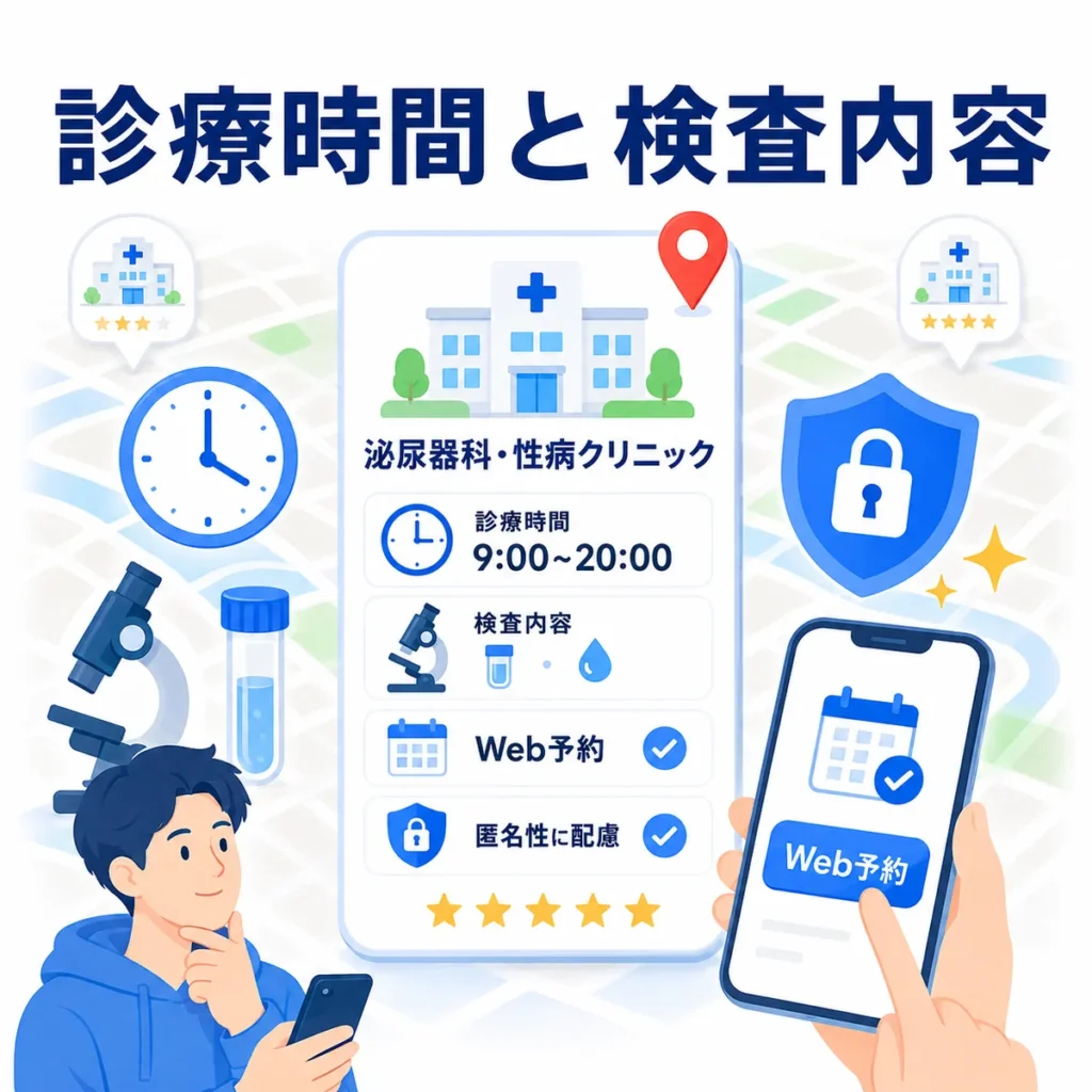 Googleマップ上で診療時間や検査内容、Web予約、匿名性への配慮を比較する泌尿器科・性病クリニックのイラスト