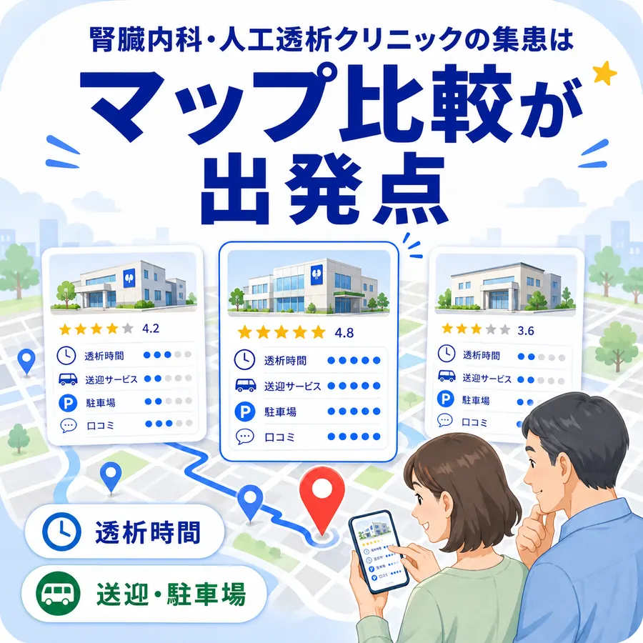 透析時間や送迎・駐車場などをGoogleマップ上で比較してクリニックを選ぶ様子を示すイラスト