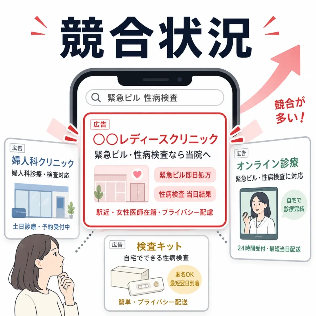 緊急ピルや性病検査の検索広告で婦人科・オンライン診療・検査キットが競合する状況を示すイラスト