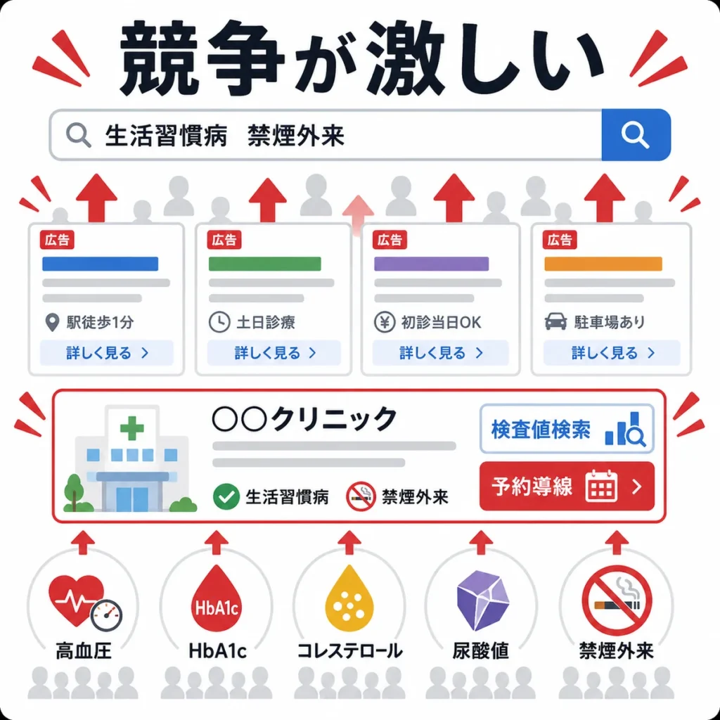 生活習慣病・禁煙外来クリニックの検索広告が競争の激しい領域であることを示すイラスト