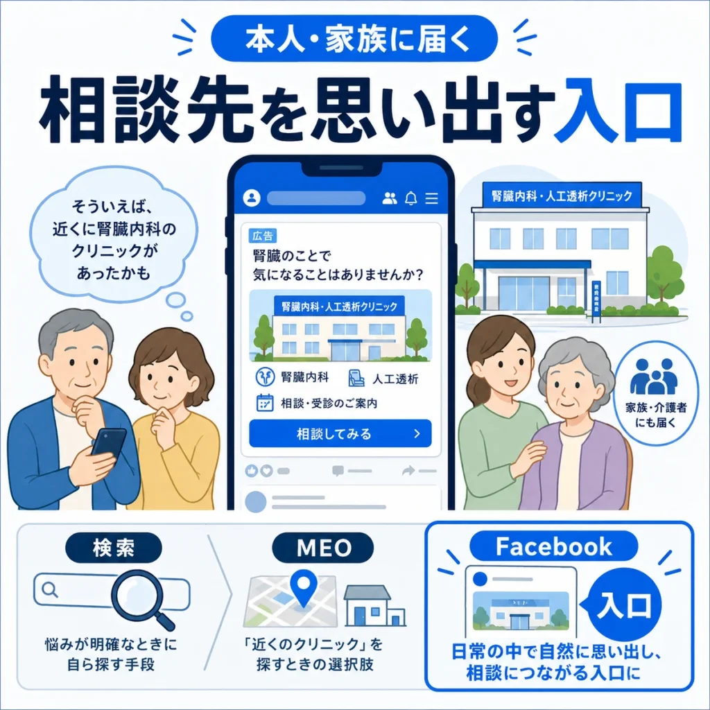 Facebook広告で腎臓内科・人工透析クリニックを相談先として思い出してもらう入口を示すイラスト
