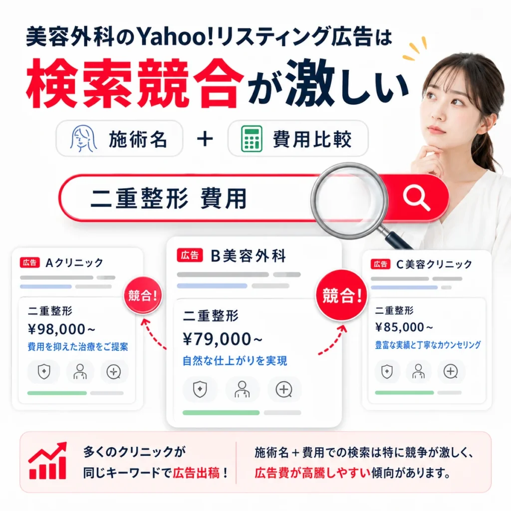 美容外科のYahoo!リスティング広告で施術名と費用検索の競合が激しいことを示すイラスト