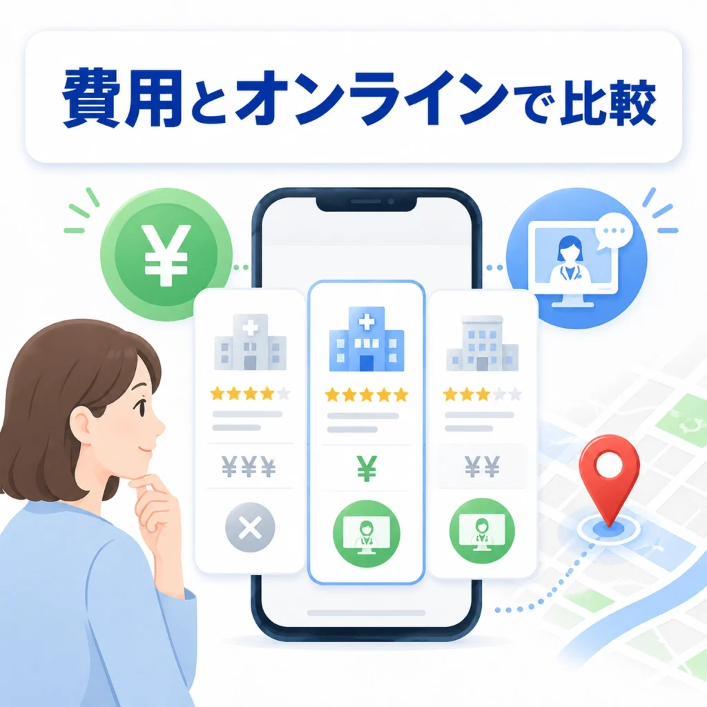 メディカルダイエット・肥満外来が距離だけでなく費用やオンライン対応で比較されることを示すイラスト