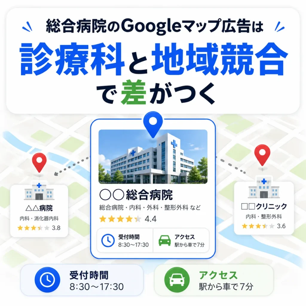 総合病院のGoogleマップ広告で診療科や受付時間、地域競合との比較が重要であることを示すイラスト