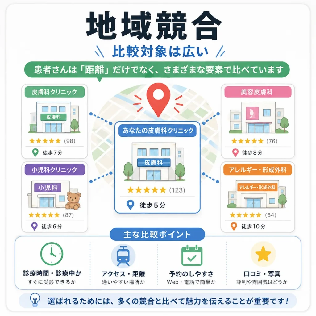 皮膚科クリニックがマップ上で美容皮膚科や小児科など幅広い地域競合と比較される様子を示すイラスト