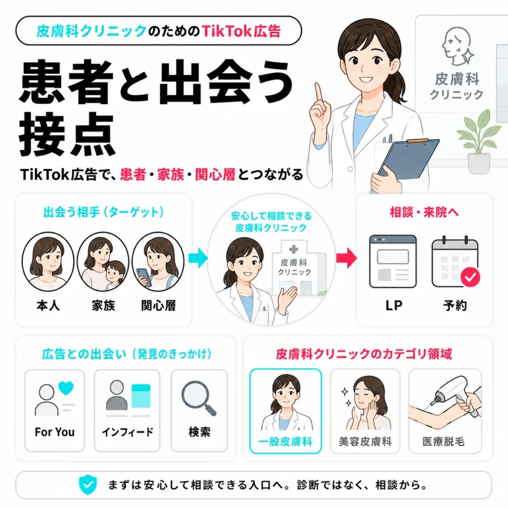 皮膚科クリニックがTikTok広告で本人や家族や関心層と出会う接点を示すイラスト