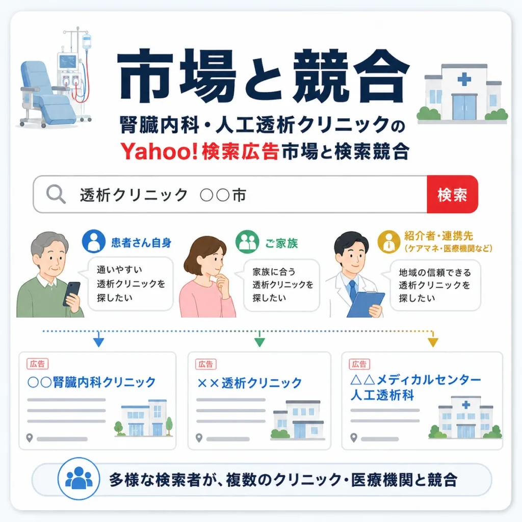 腎臓内科・人工透析クリニックの検索広告市場と患者・家族・紹介元の競合状況を示すイラスト
