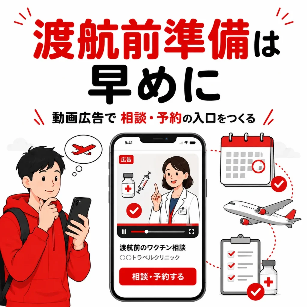 YouTube広告を通じて渡航前ワクチン準備を早めに始める流れを示すイラスト