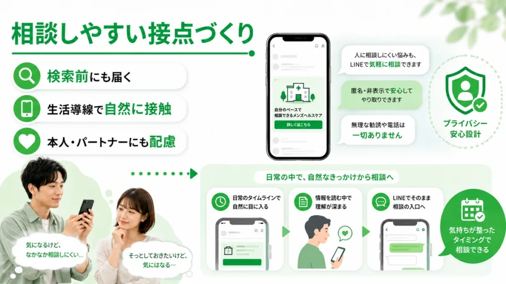 相談しにくいメンズヘルスの悩みにLINE広告で自然な接点を作る流れを示すイラスト