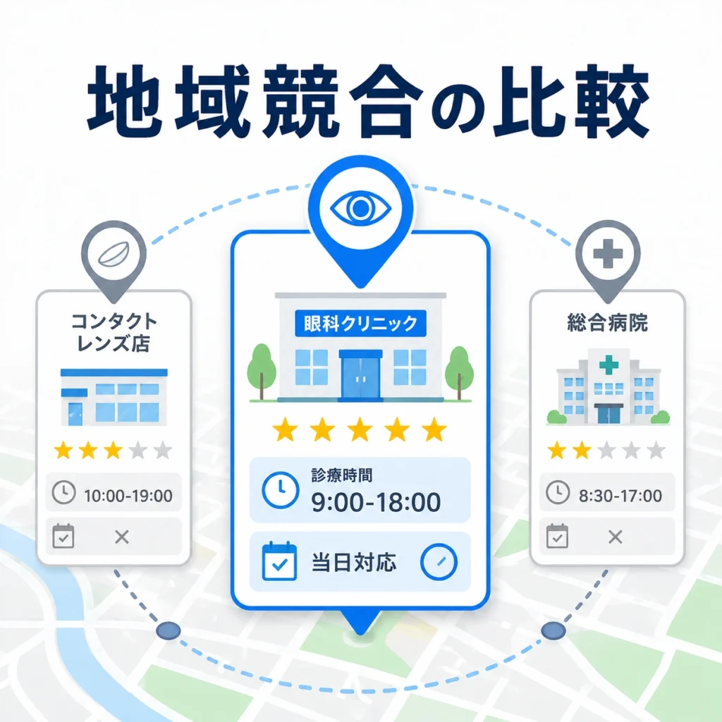 眼科クリニックが地域の競合医院やコンタクト併設店と地図上で比較される様子を示すイラスト