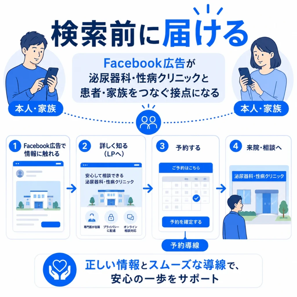 Facebook広告が検索前の本人や家族に情報を届け、予約導線につなげる流れを示すイラスト