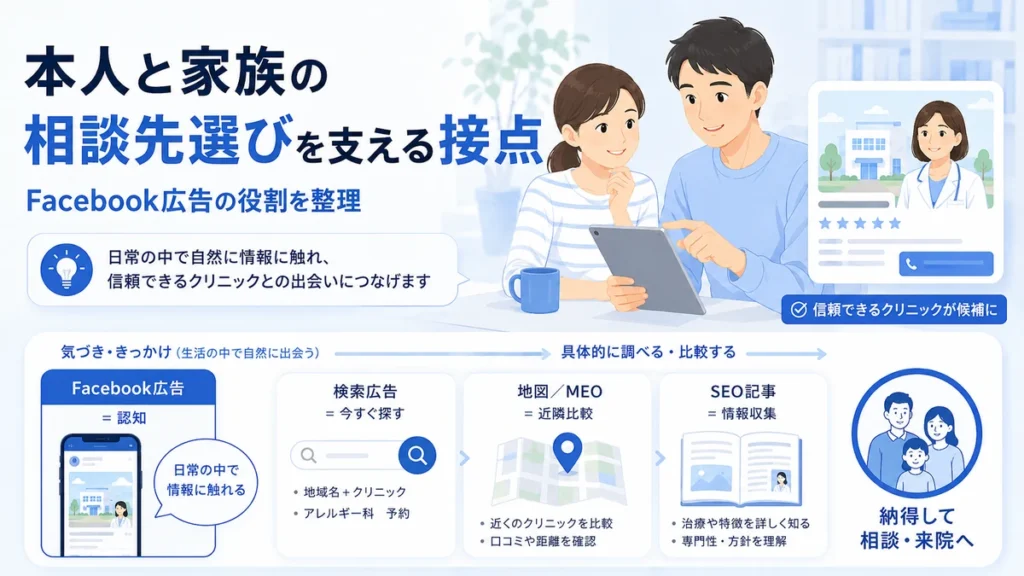 本人と家族がFacebook広告をきっかけに相談先クリニックを比較する流れを示すイラスト