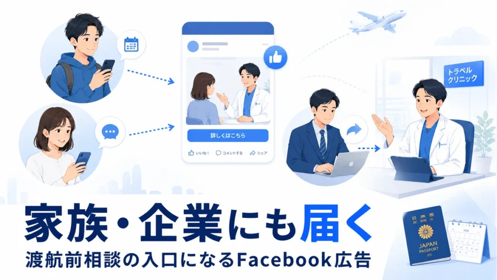 家族や企業担当者にも渡航前相談の広告が届く流れを示すイラスト